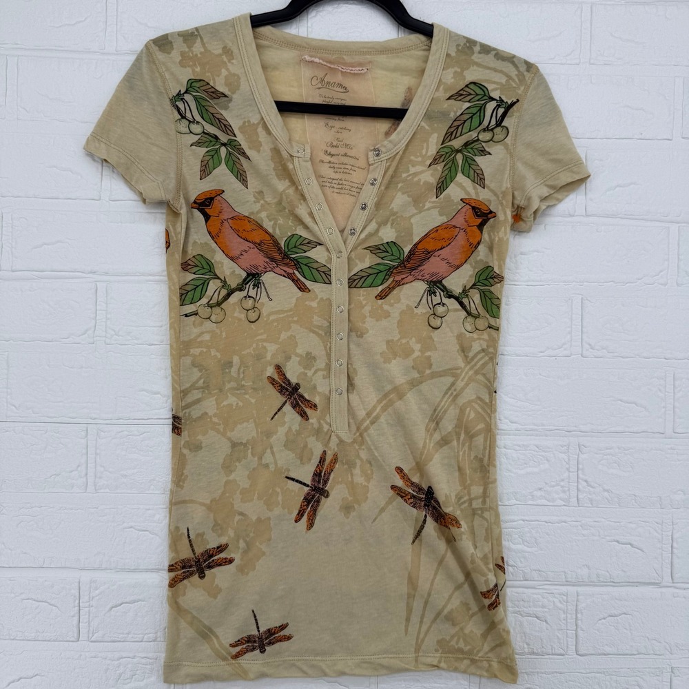 Anama Henley Top Women Small Tan Bird Dragonfly Graphic Y2K Nature Print Tee